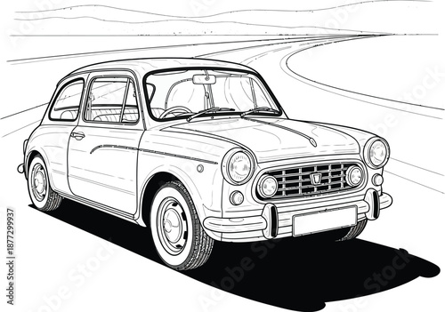 Detailed line art of a vintage compact twodoor car with round headlights and a front grille.