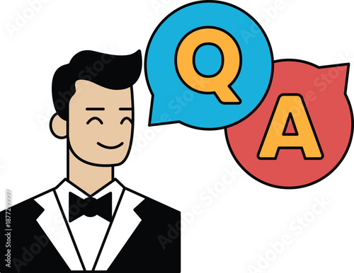 A man in a suit is smiling and talking to himself