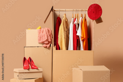 Obraz na płótnie Wardrobe boxes with clothes on beige background