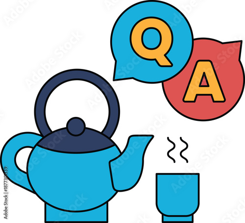 A black and white drawing of a tea kettle with a cup of tea next to it