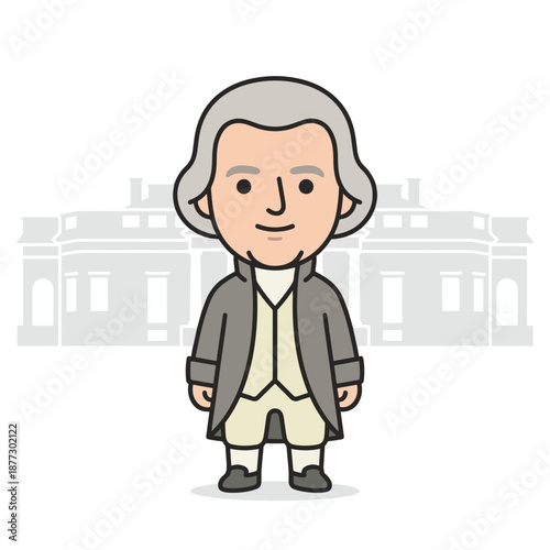 Stylized illustration of a historical statesman standing near a classical government building