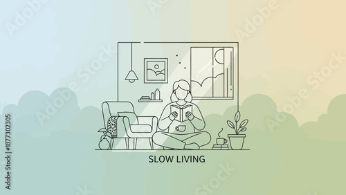Woman reading book in cozy living room, slow living concept, line art illustration