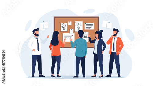 Diverse team brainstorming ideas on a cork board with strategy and planning