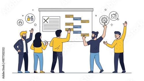 Teamwork project planning meeting, Gantt chart on whiteboard, successful collaboration