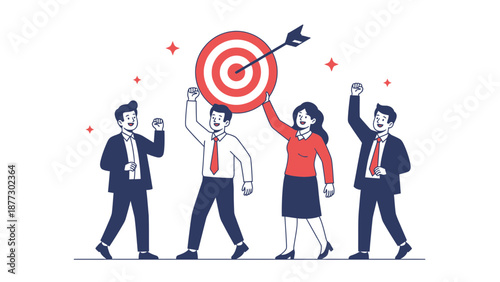 Teamwork business success, reaching goals with target and arrow, celebrate achievement