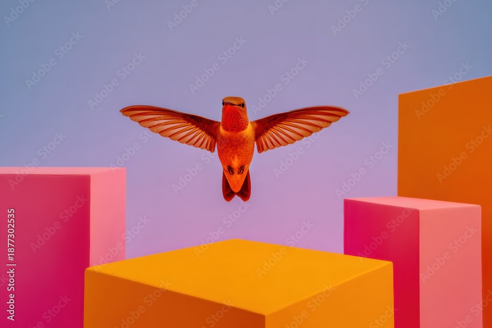 Fototapeta premium Modern Ruby-throated Hummingbird on Neon Mint and Lilac Dynamic Speed and Lightness for Graphic Design and Digital Marketing