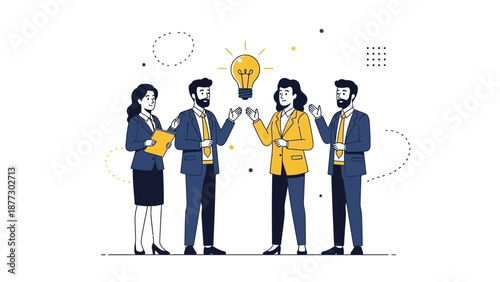 Team brainstorming for new ideas, business meeting with lightbulb inspiration