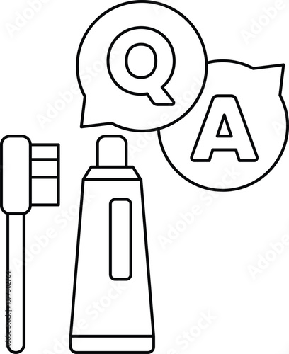 A toothbrush, toothpaste, and a QA sign are shown in a black and white drawing