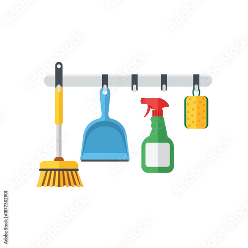 Cleaning supplies hanging on a wall rack, including a broom, dustpan, spray bottle, and sponge, in a flat design style.
