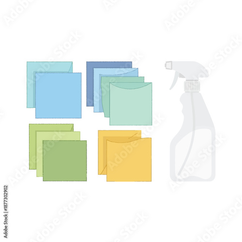 Colorful cleaning cloths and a spray bottle for household chores and general cleaning tasks.