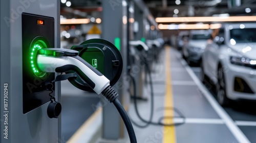 Electric vehicle charging station in a modern parking garage, showcasing sustainable transportation solutions.
