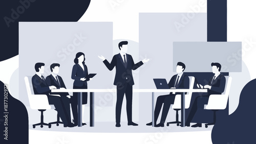 Business Meeting: Team Collaboration and Presentation in a Modern Office