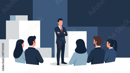Business Meeting Presentation: Speaker Addressing Audience in Modern Office