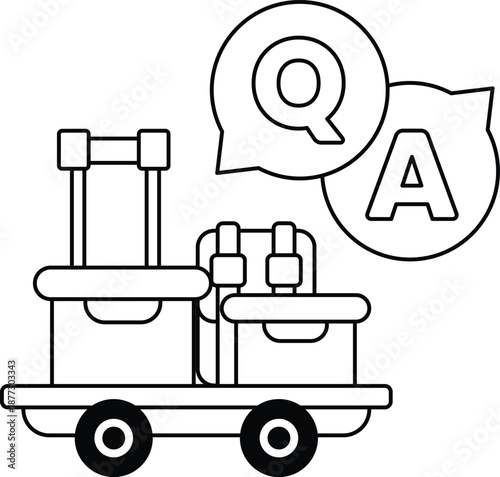 A luggage cart with a Q and A on it