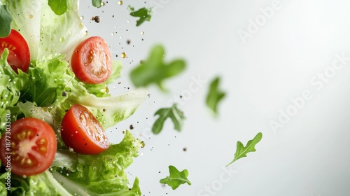 Fresh salad ingredients flying in motion, featuring lettuce and tomatoes, creating a vibrant and dynamic food experience.