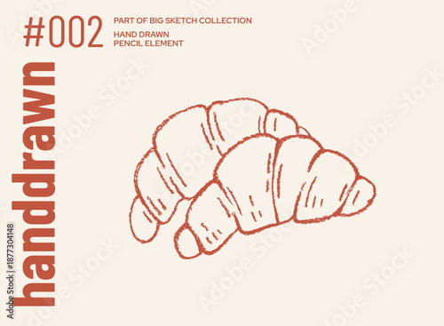 Croissant drawing. Outline illustration of Mediterranean Italian brunch. Doodle sketch of bread, line vector. Etching chocolate crumbs, Mediterranean pastry vintage icon. Whimsical French bakery art