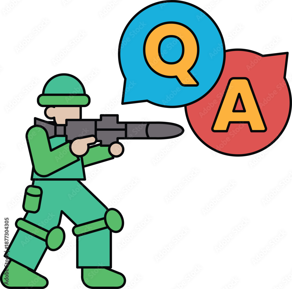 Fototapeta premium A man in a military uniform is holding a gun and pointing it at a question mark