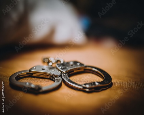 Close-up of professional steel handcuffs with detailed keyhole and ratchet on a flat surface, symbolizing incarceration and the penal system for correctional facility promotions