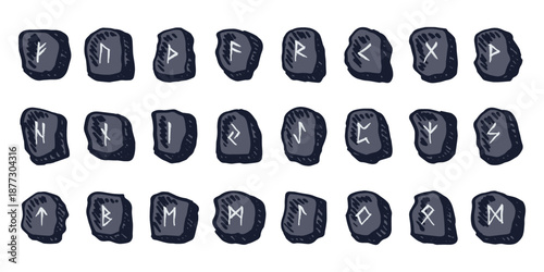 Set of hand drawn viking runes Rune stones with ancient norse alphabet characters engraved on them Scandinavian futhark germanic celtic Single element for design, print, web, decor