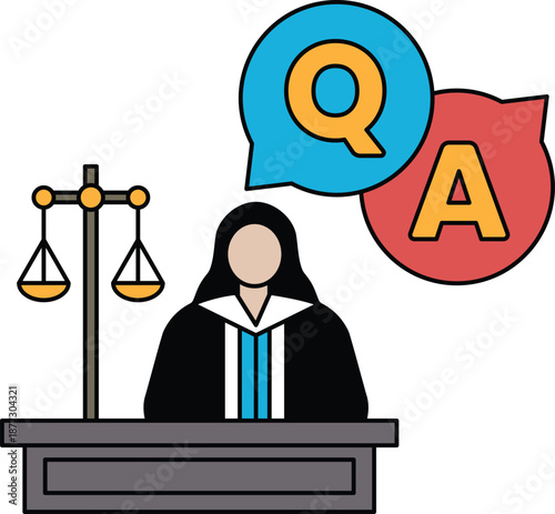 A woman in a black robe sits at a desk with a gavel and a Q and A sign
