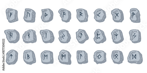 Set of hand drawn viking runes Rune stones with ancient norse alphabet characters engraved on them Scandinavian futhark germanic celtic Single element for design, print, web, decor