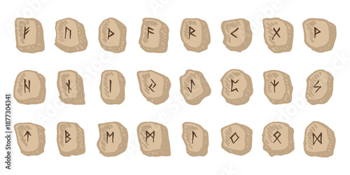 Set of hand drawn viking runes Rune stones with ancient norse alphabet characters engraved on them Scandinavian futhark germanic celtic Single element for design, print, web, decor