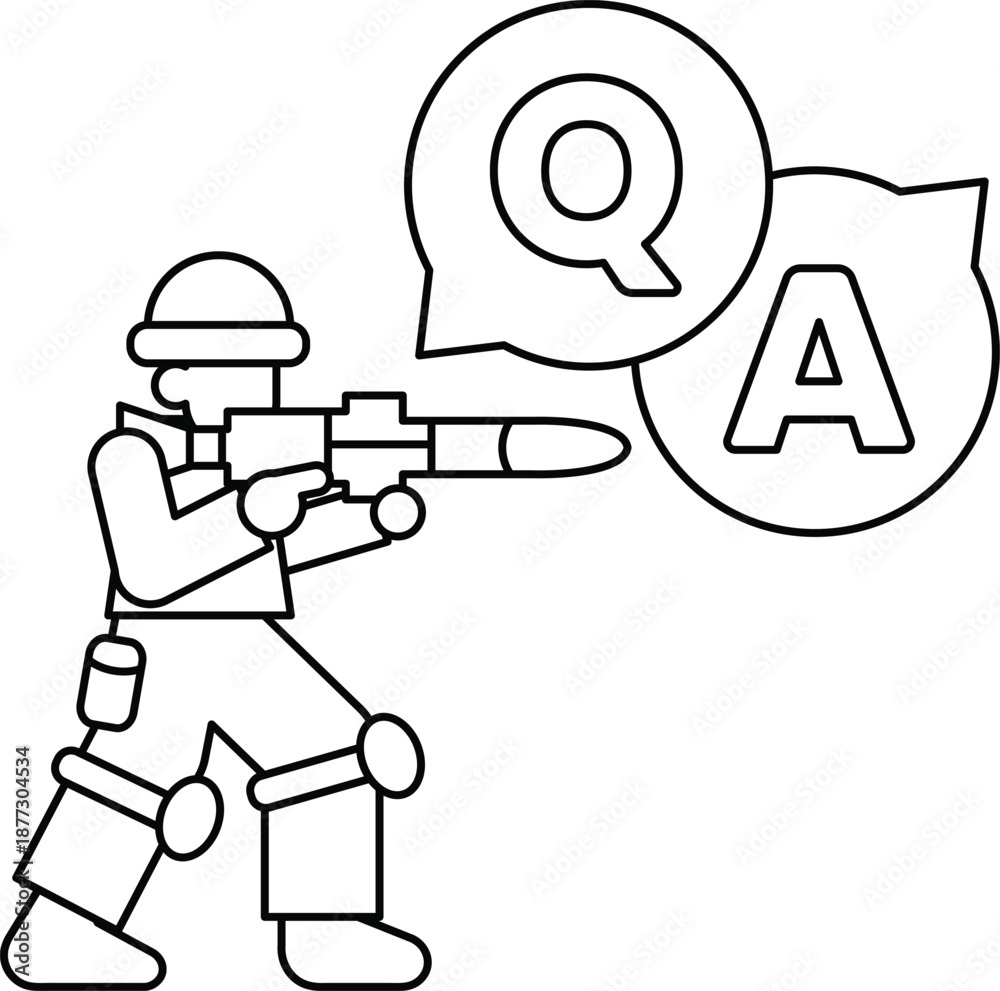 Fototapeta premium A man in a military uniform is holding a gun and pointing it at a question mark