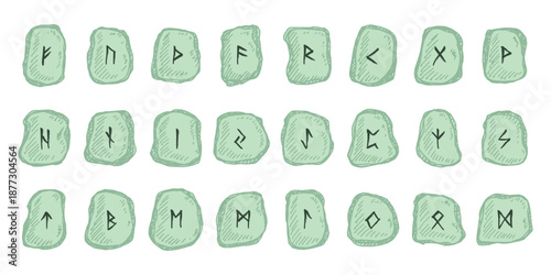 Set of hand drawn viking runes Rune stones with ancient norse alphabet characters engraved on them Scandinavian futhark germanic celtic Single element for design, print, web, decor