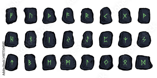 Set of hand drawn viking runes Rune stones with ancient norse alphabet characters engraved on them Scandinavian futhark germanic celtic Single element for design, print, web, decor