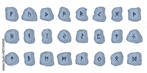 Set of hand drawn viking runes Rune stones with ancient norse alphabet characters engraved on them Scandinavian futhark germanic celtic Single element for design, print, web, decor