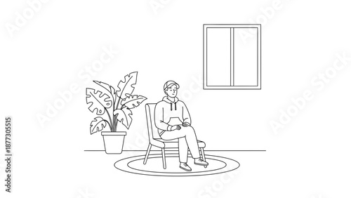Man sitting in chair with book next to potted plant, minimalist line art illustration