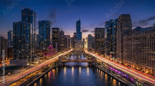 Wallpaper Mural Vibrant Urban Cityscape at Twilight with River, Illuminated Skyscrapers, and Dynamic Traffic Light Trails Torontodigital.ca