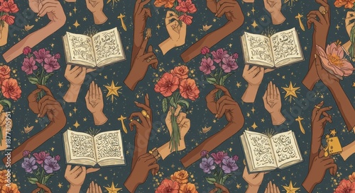 Diverse Hands Holding Books and Flowers, a Mystical Pattern