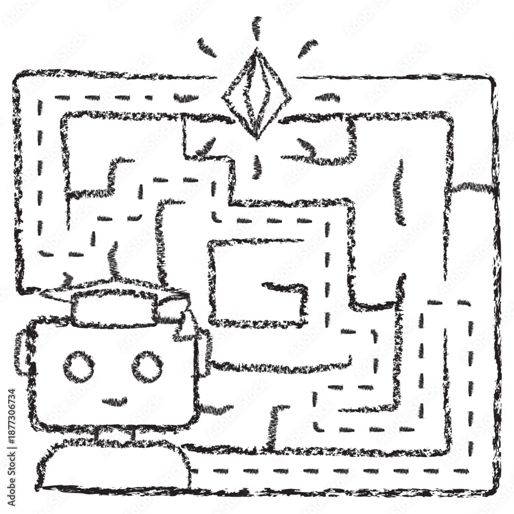 Obraz premium Vector icon of AI reinforcement learning and robotic navigation. Dark brown charcoal sketch on transparent background. Features a robot finding a path through a maze to a reward
