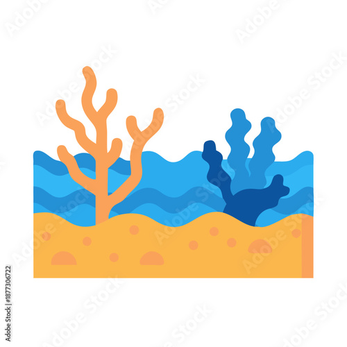 Flat illustration of underwater coral reef scene with seabed