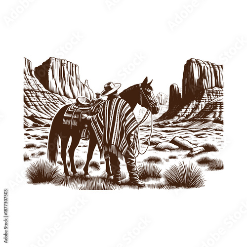 Cowboy with horse in desert landscape