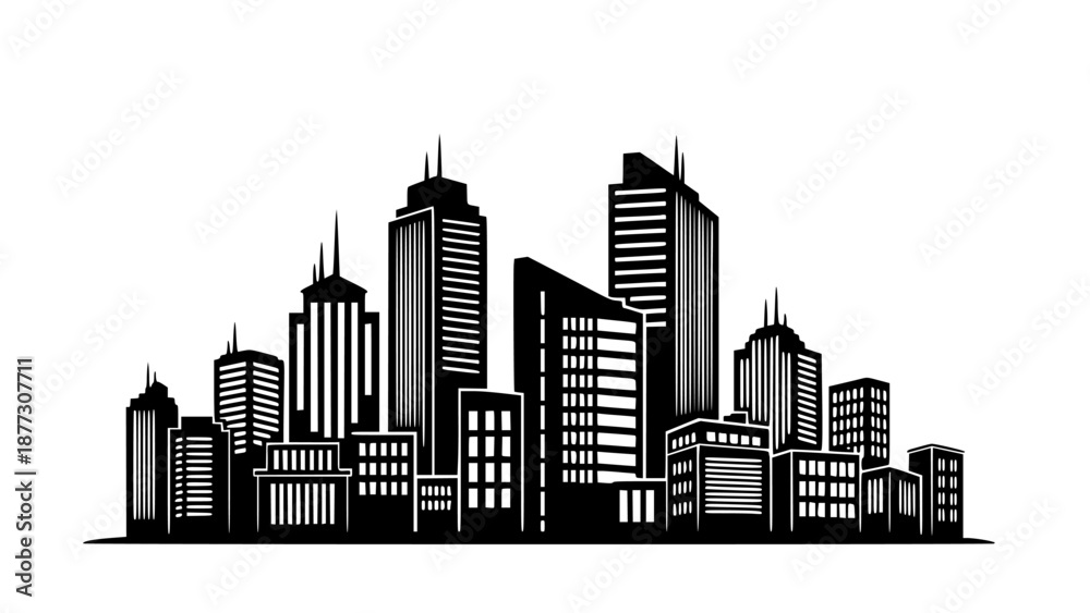 Obraz premium Black Silhouette of a Modern City Skyline with Skyscrapers on White Background