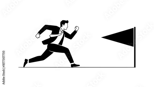 Black Silhouette of a Businessman Running Toward a Finish Line Flag on White Background