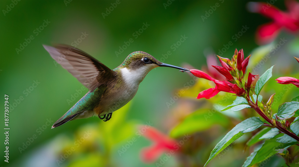 Fototapeta premium Full-Body Ruby-Throated Hummingbird Drinking Nectar in Natural Setting