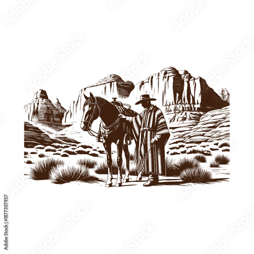 Cowboy with horse in desert landscape