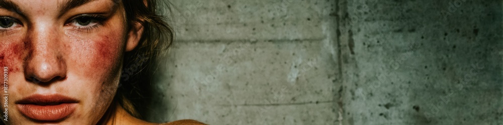 Obraz premium Close-up portrait of a distressed woman with facial bruises and a tired expression, standing against a concrete wall, useful for healthcare and support service advertising for physical trauma