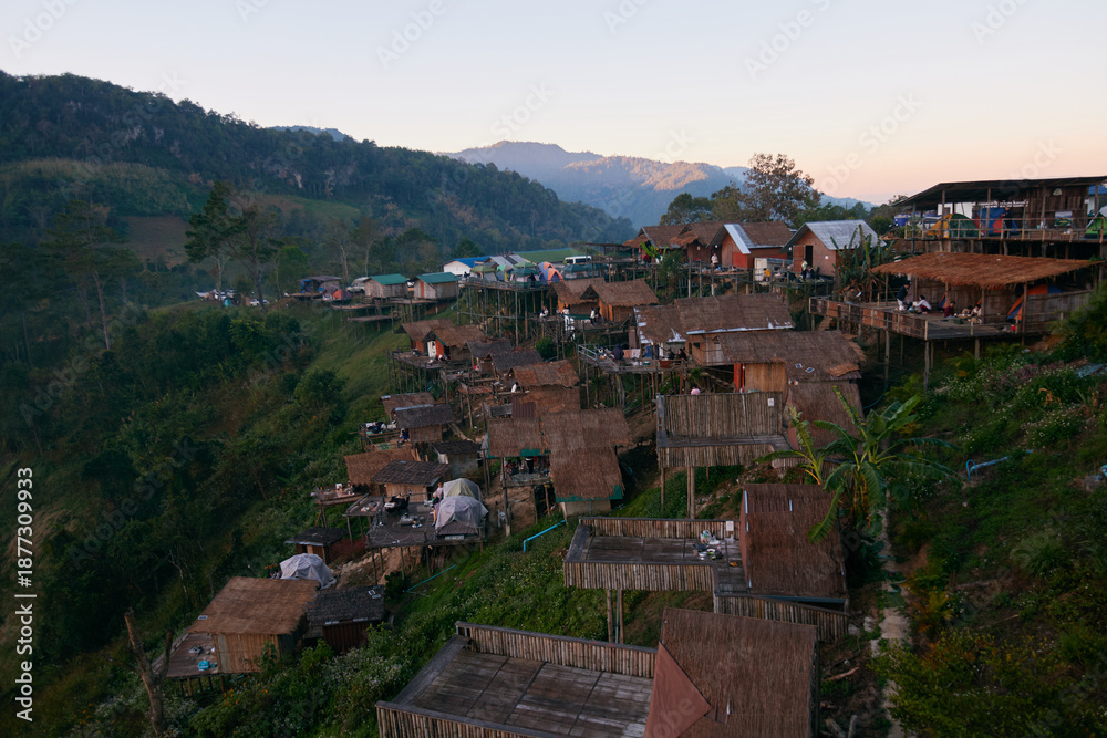 Fototapeta premium Stunning views from a local guesthouse at Doi Luang Chiang Dao tourist attraction, Chiang Mai province, Thailand.