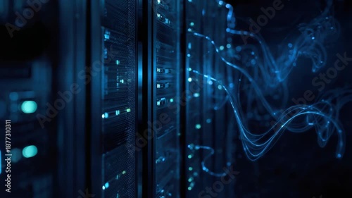 High tech server rack with glowing blue network connectivity and flowing data streams
