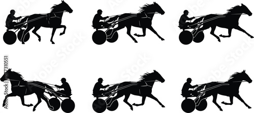 Trotting racehorse silhouettes set featuring harness racing jockeys in dynamic motion isolated on white background vector illustration collection for stock