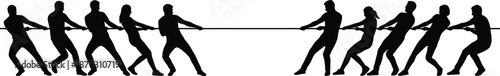 Tug of war silhouettes, teamwork competition, pulling rope teams, strength balance effort, unity leadership challenge, collaboration power, group strategy, sports concept