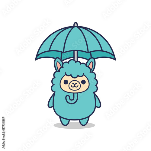 Cute Cartoon Alpaca with Umbrella Illustration