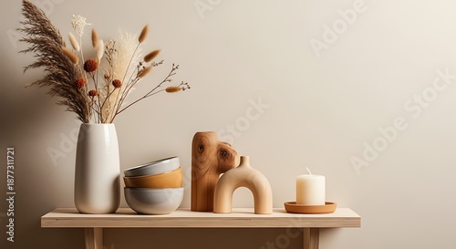 Minimalist Neutral Tone Decor with Dried Flowers and Wooden Sculptures on Light Wooden Shelf