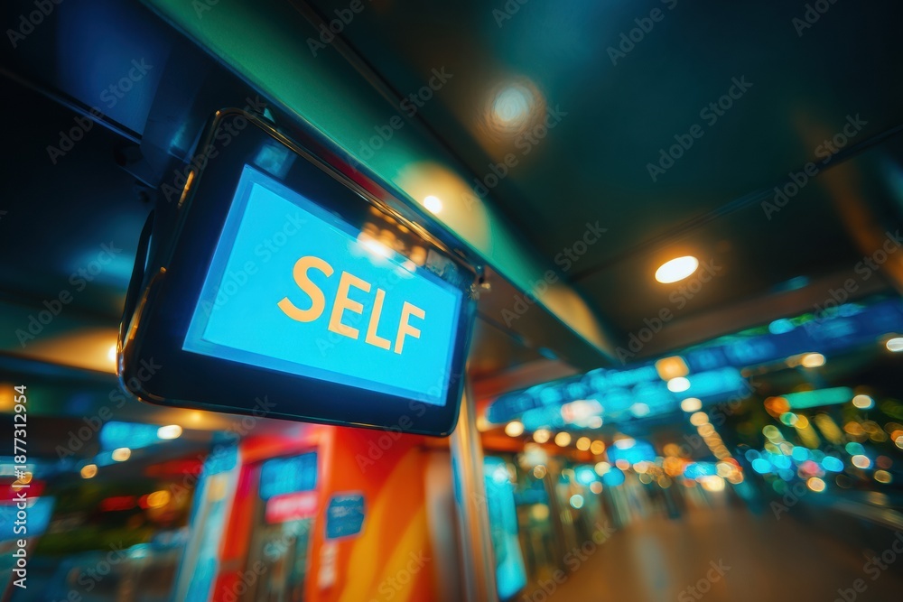 Obraz premium Interactive self-service kiosk with glowing touch display screen sign in modern airport terminal for airline check-in