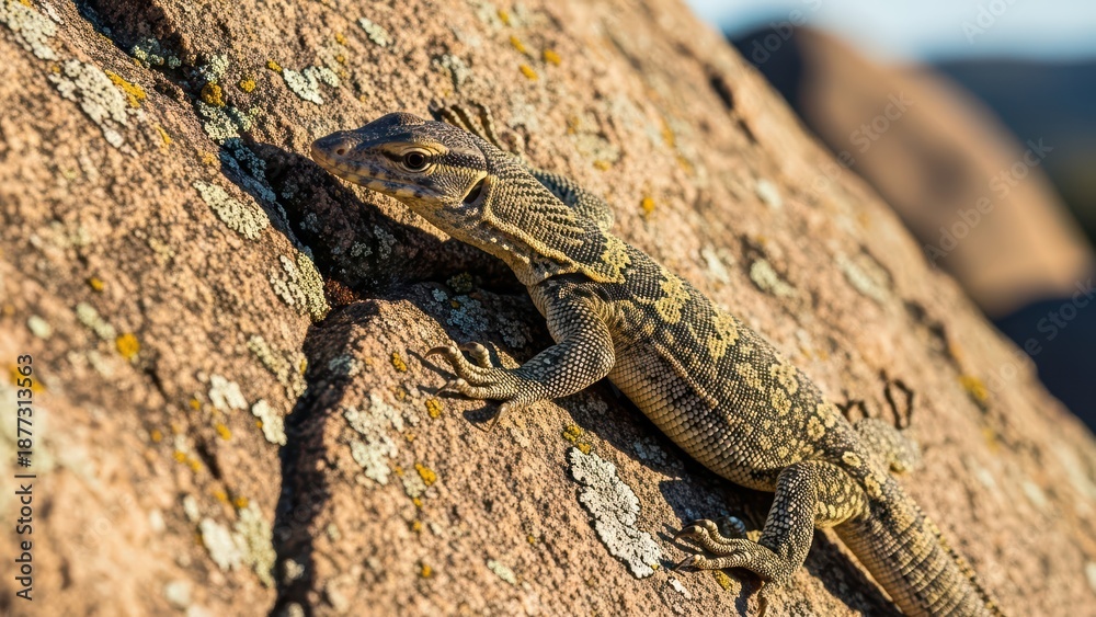 Fototapeta premium Spotted monitor lizard sunbathing on rocky surface in natural habitat under warm sunlight