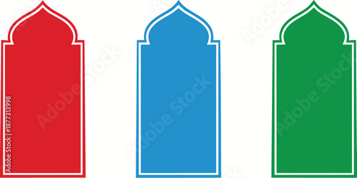 Shape Islamic door and window silhouette Arabic arch. Collection of patterns in oriental style. Frames in Arabic Muslim design for Ramadan Kareem. Vector mosque gate shape isolated on white.
